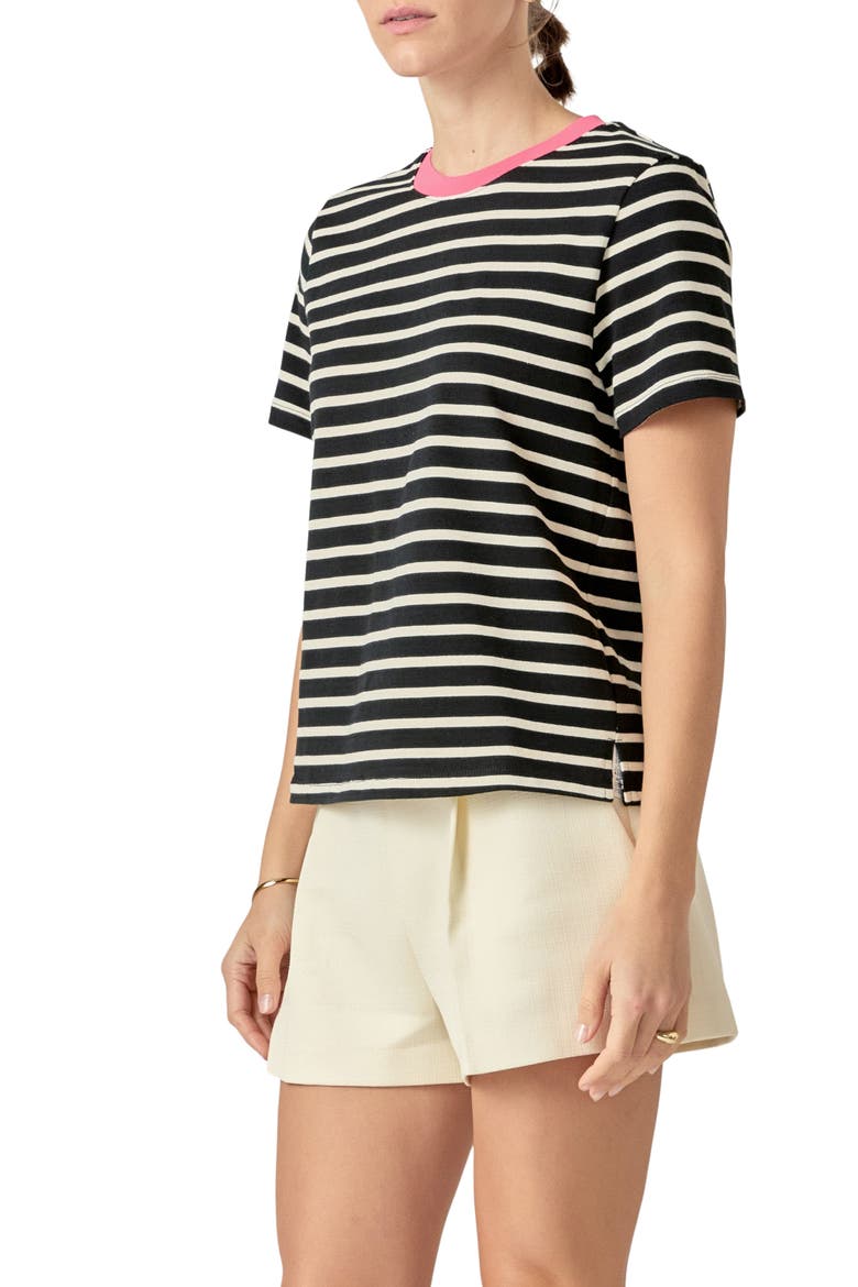 Contrast Crewneck Stripe T-Shirt, Alternate, color, BLACK/ PINK