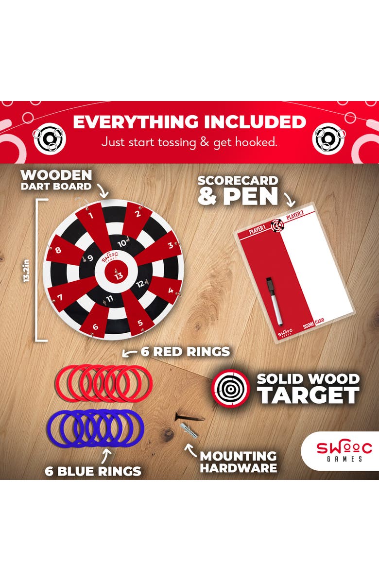 Swooc Games Hook Darts Ring Toss Game | Wood Board and Soft Rings, Alternate, color, Multicolored