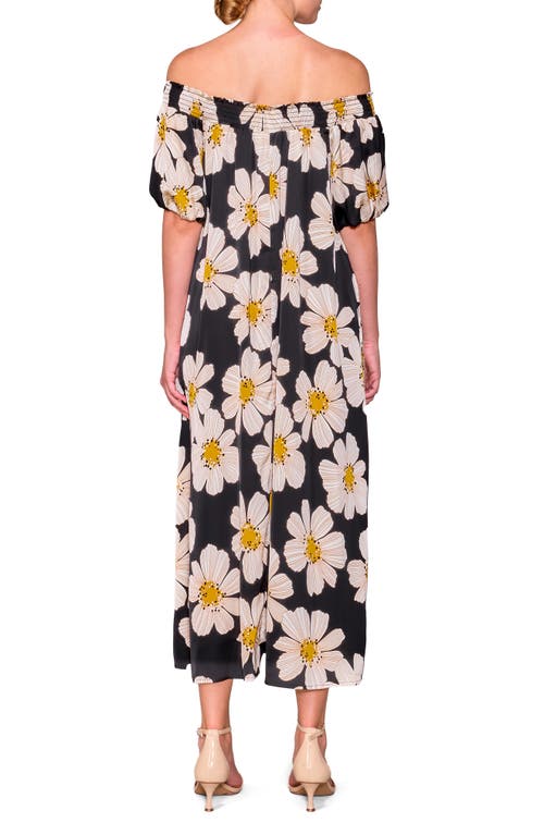 Melloday Floral Off The Shoulder Puff Sleeve Satin Dress In Black