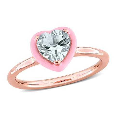 Aquamarine & Pink Enamel Heart Ring Rose Plated