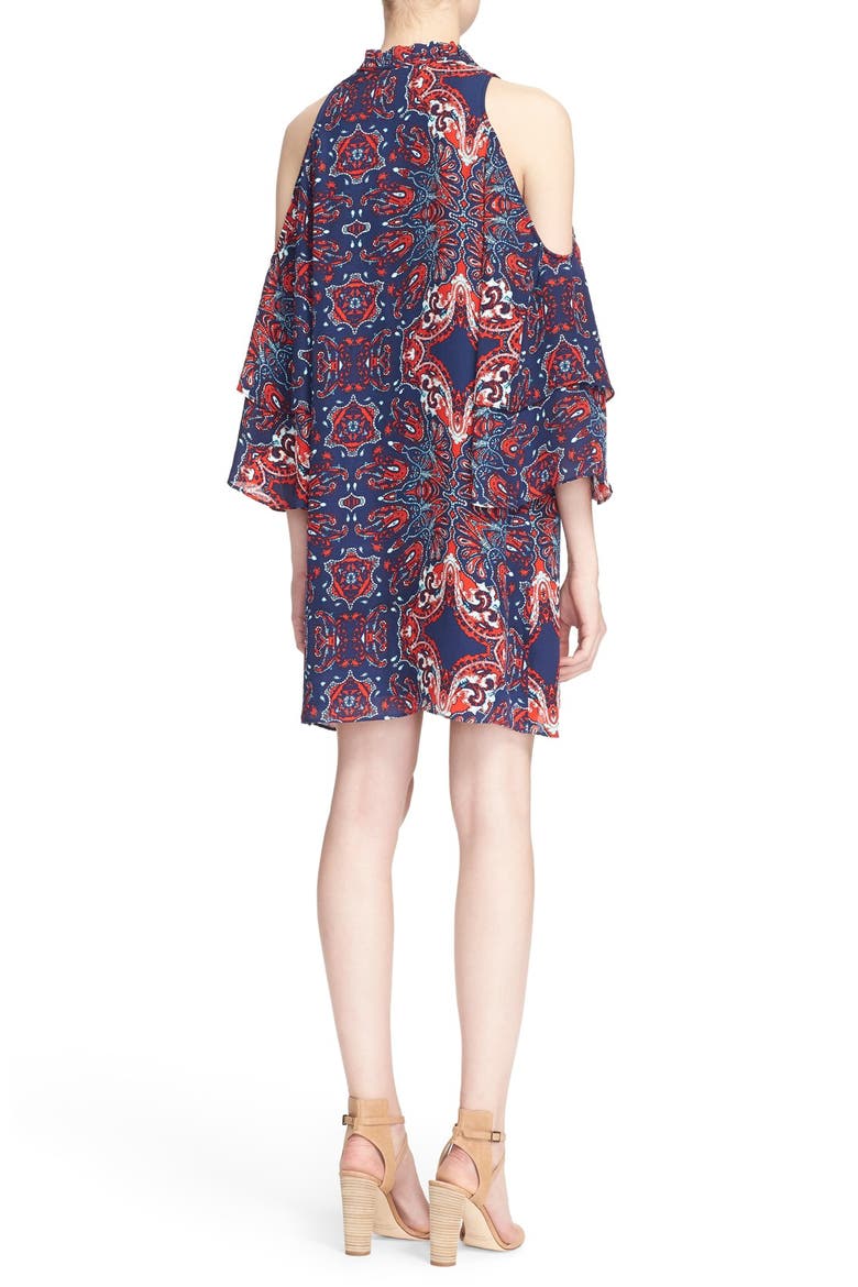 'Anastasia' Cold Shoulder Paisley Silk Shift Dress, Alternate, color, BANDANA