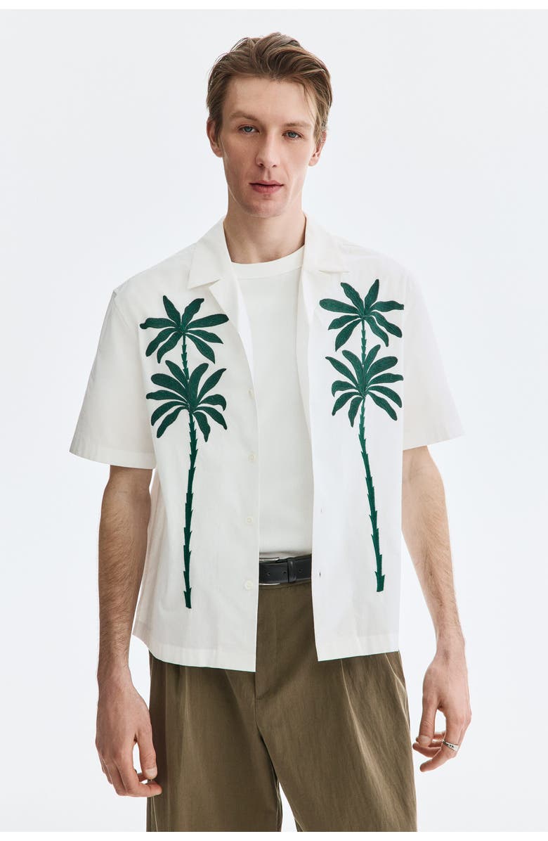 H&M Relaxed Fit Embroidered-motif Resort Shirt, Alternate, color, White/Palm Trees