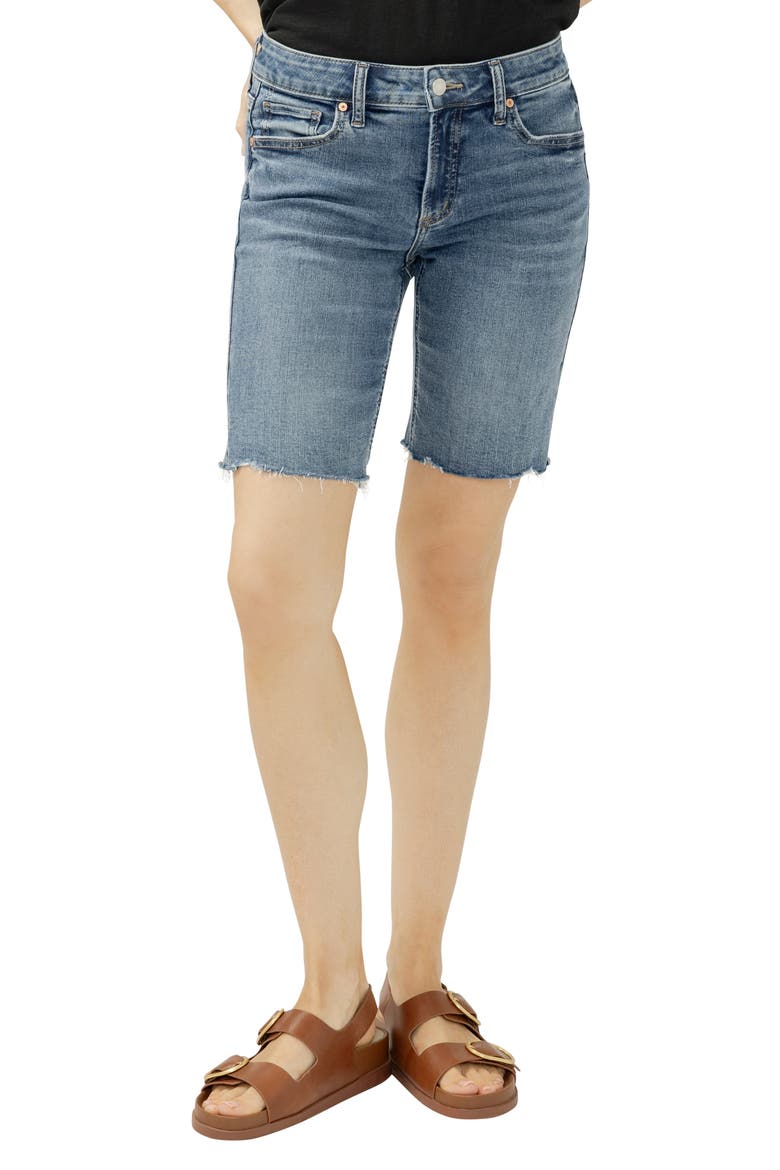 Elyse Curvy Raw Hem Mid Rise Denim Bermuda Shorts, Main, color, SUNSET BLUE