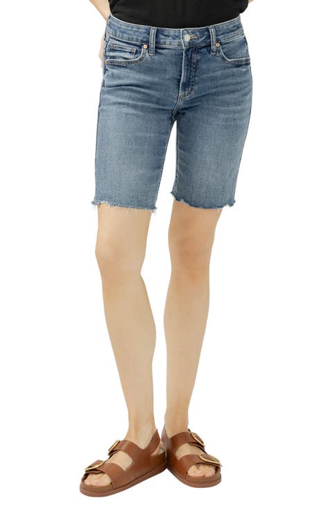 Elyse Curvy Raw Hem Mid Rise Denim Bermuda Shorts (Sunset Blue)