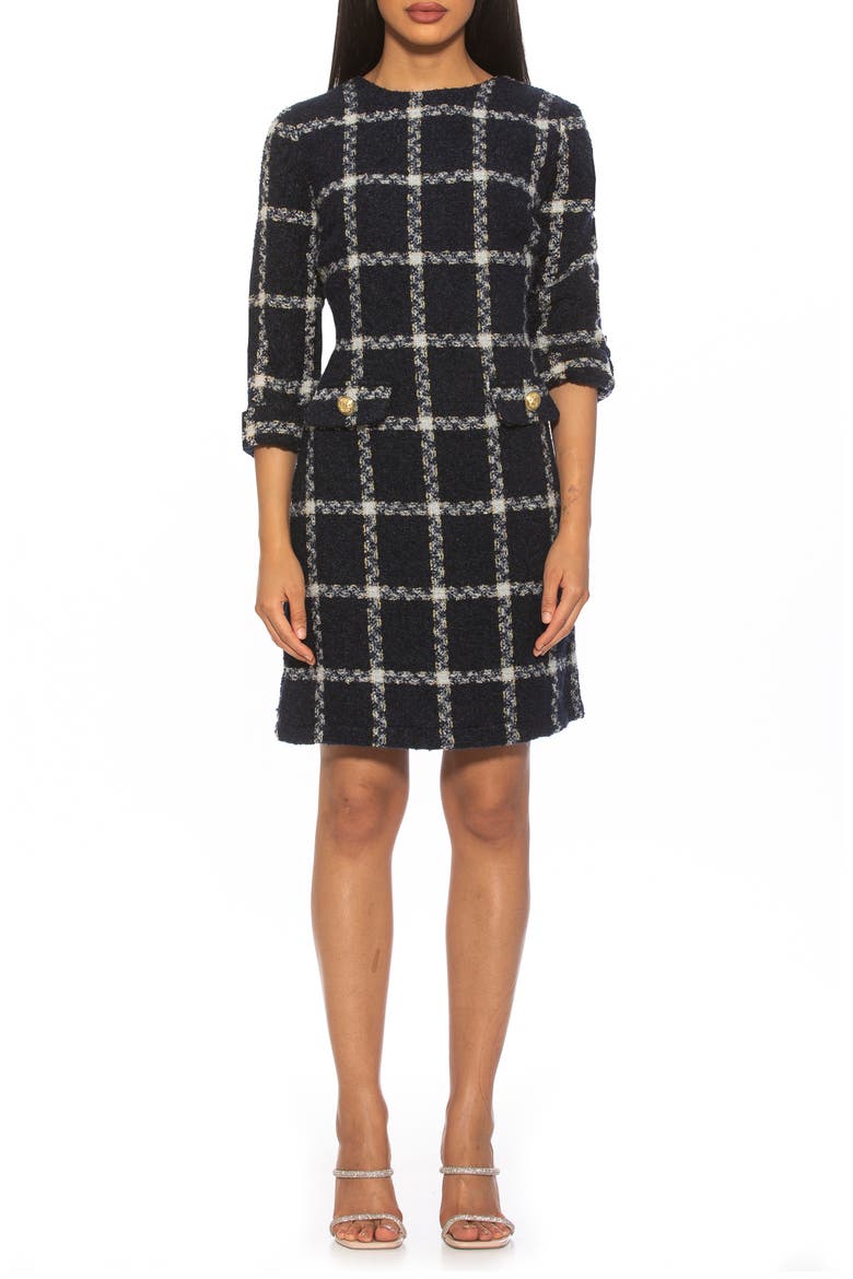 Anna Windowpane 3/4 Sleeve Tweed Shift Dress, Main, color, NAVY PLAID