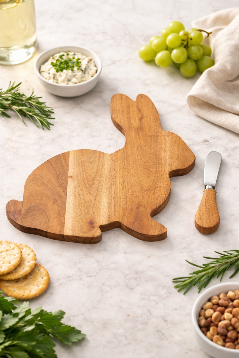 Easter Bunny Shape Acacia Wood 2-Piece Serving Tray w/ Spreader Knife 10", Alternate, color, Brown