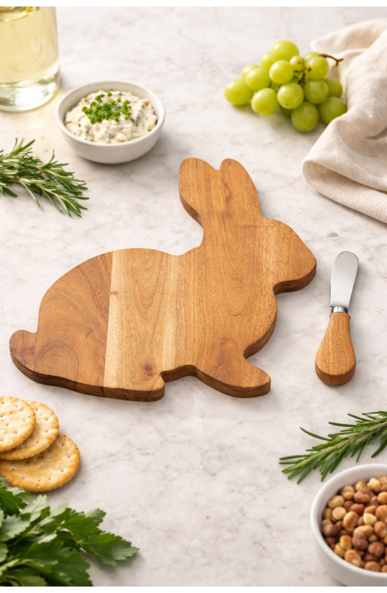 C&F Home Easter Bunny Shape Acacia Wood 2-Piece Serving Tray w/ Spreader Knife 10", Alternate, color, Brown