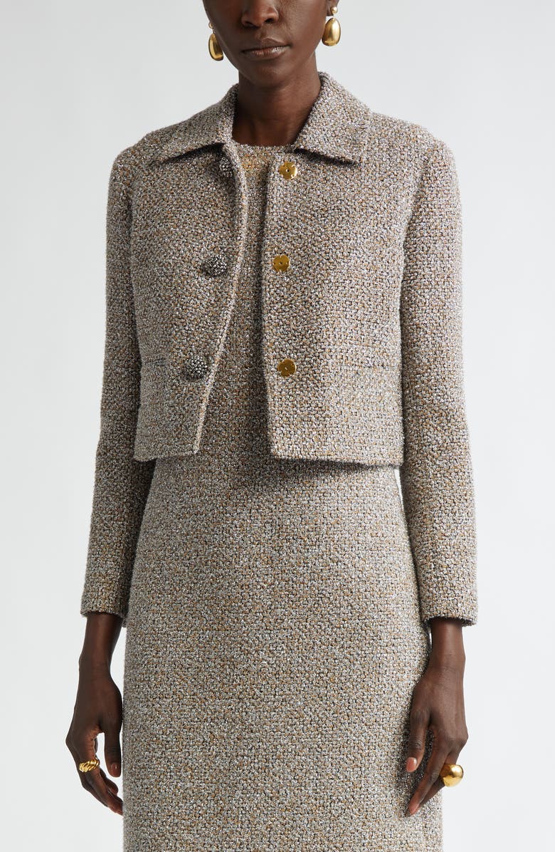 ST. JOHN Metallic Eyelash Tweed Jacket, Alternate, color, Shadow/ Silver/ Khaki Multi