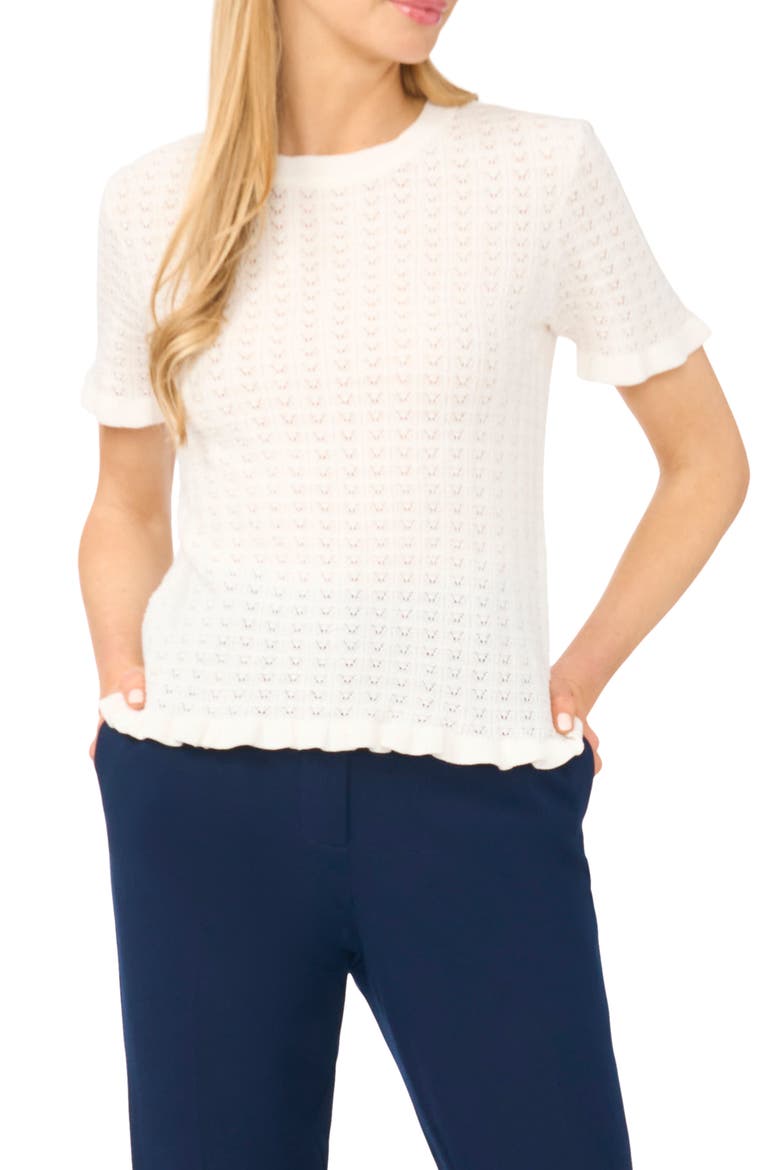 Ruffle Trim Pointelle Stitch Short Sleeve Sweater, Alternate, color, NEW IVORY