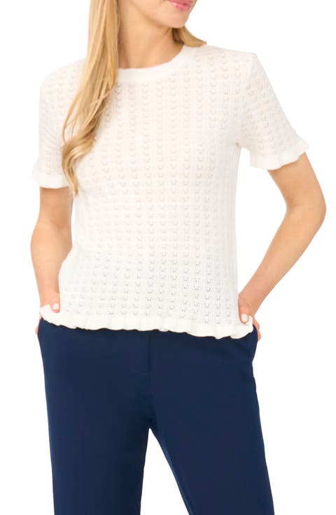 Ruffle Trim Pointelle Stitch Short Sleeve Sweater