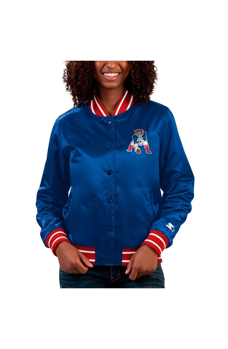 STARTER Women's Starter Navy New England Patriots Full Count Satin Full-Snap Varsity Jacket, Main, color, Royal