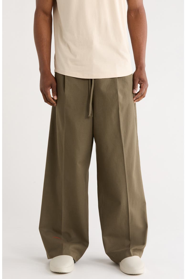 Pleat Front Drawstring Cotton Twill Pants, Main, color, MOSS