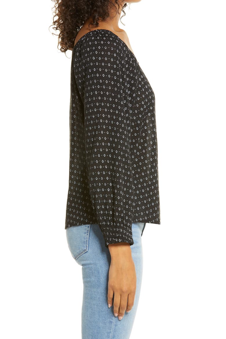 Print Button Front Long Sleeve Top, Alternate, color, BLACK- WHITE MARTY GEO