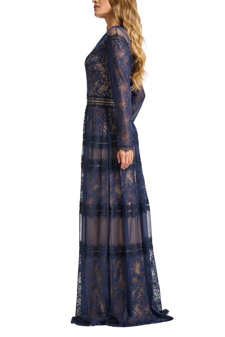 Lace Illusion Neck Long Sleeve Gown, Alternate, color, ROYAL NAVY/ NUDE