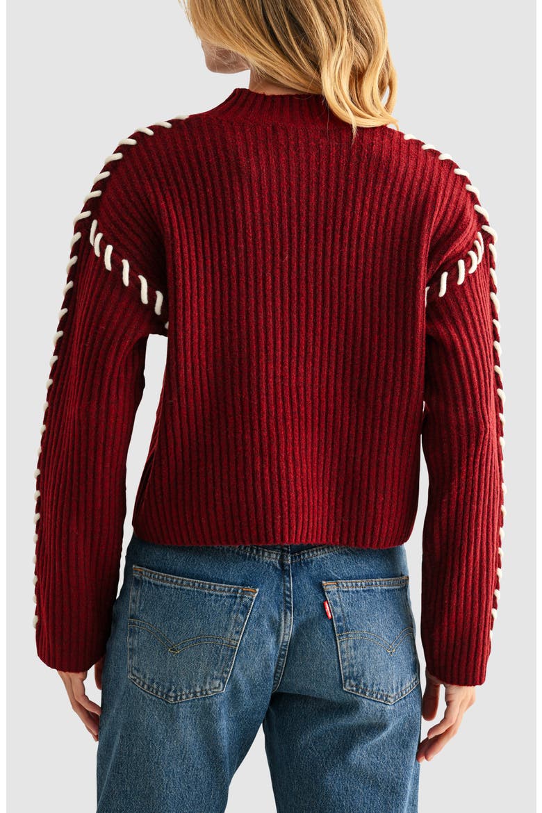 Whipstitch Mock Neck Rib Sweater, Alternate, color, BURGUNDY IVORY
