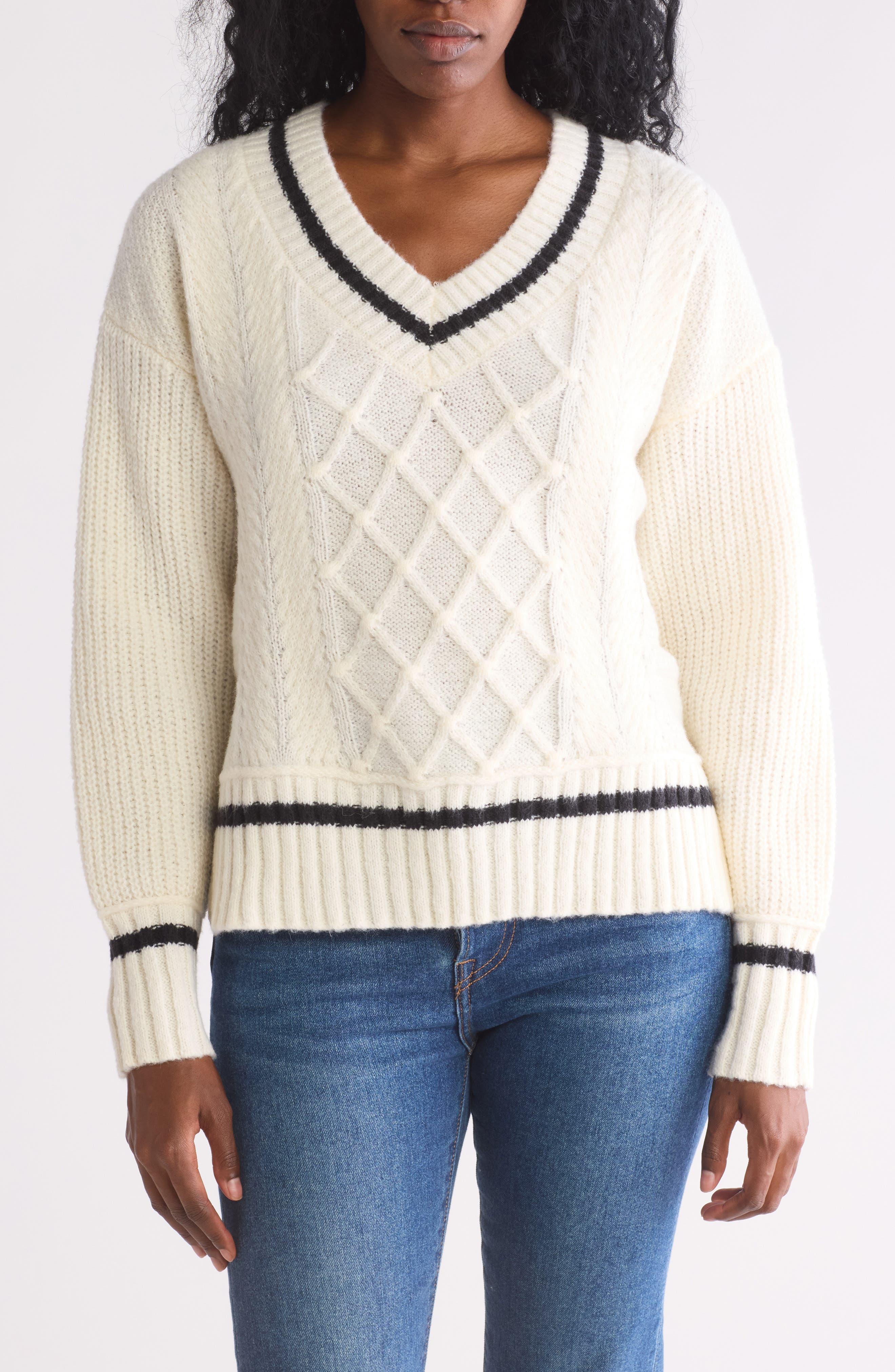 Blu Pepper Stripe V-Neck Cable Knit Sweater