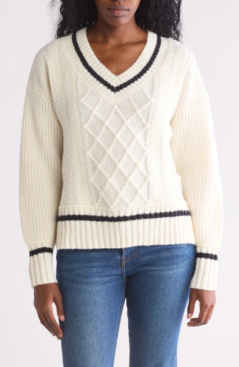 Blu Pepper Stripe V-Neck Cable Knit Sweater, Main, color, Ivory