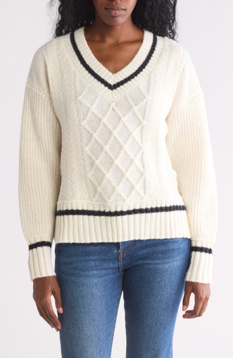 Stripe V-Neck Cable Knit Sweater