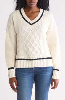 Blu Pepper Stripe V-Neck Cable Knit Sweater