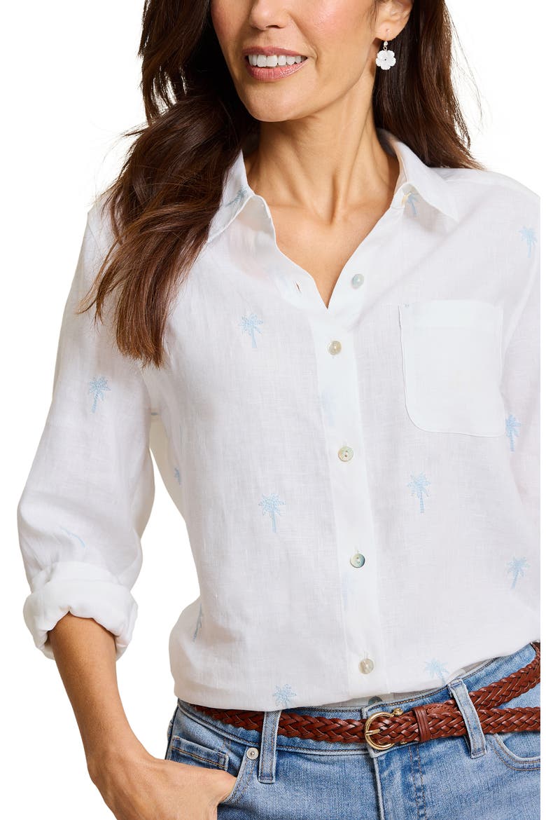 Relaxed Palm Tree Embroidered Linen Button-Up Shirt, Alternate, color, LINEN SKY