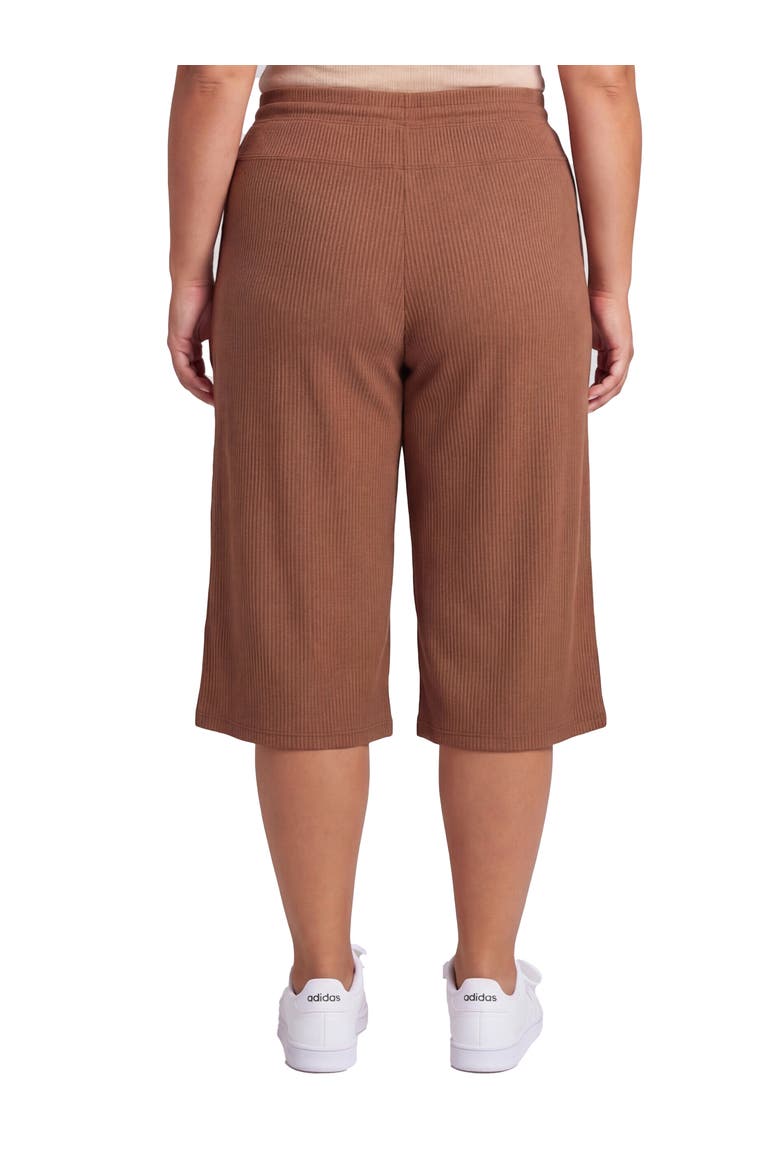 Curvy Basic Ribbed Knit Drawstring Flared Capri Pants, Alternate, color, Mocha