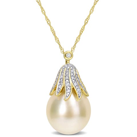 Cultured Pearl & Diamond Floral Necklace 14k