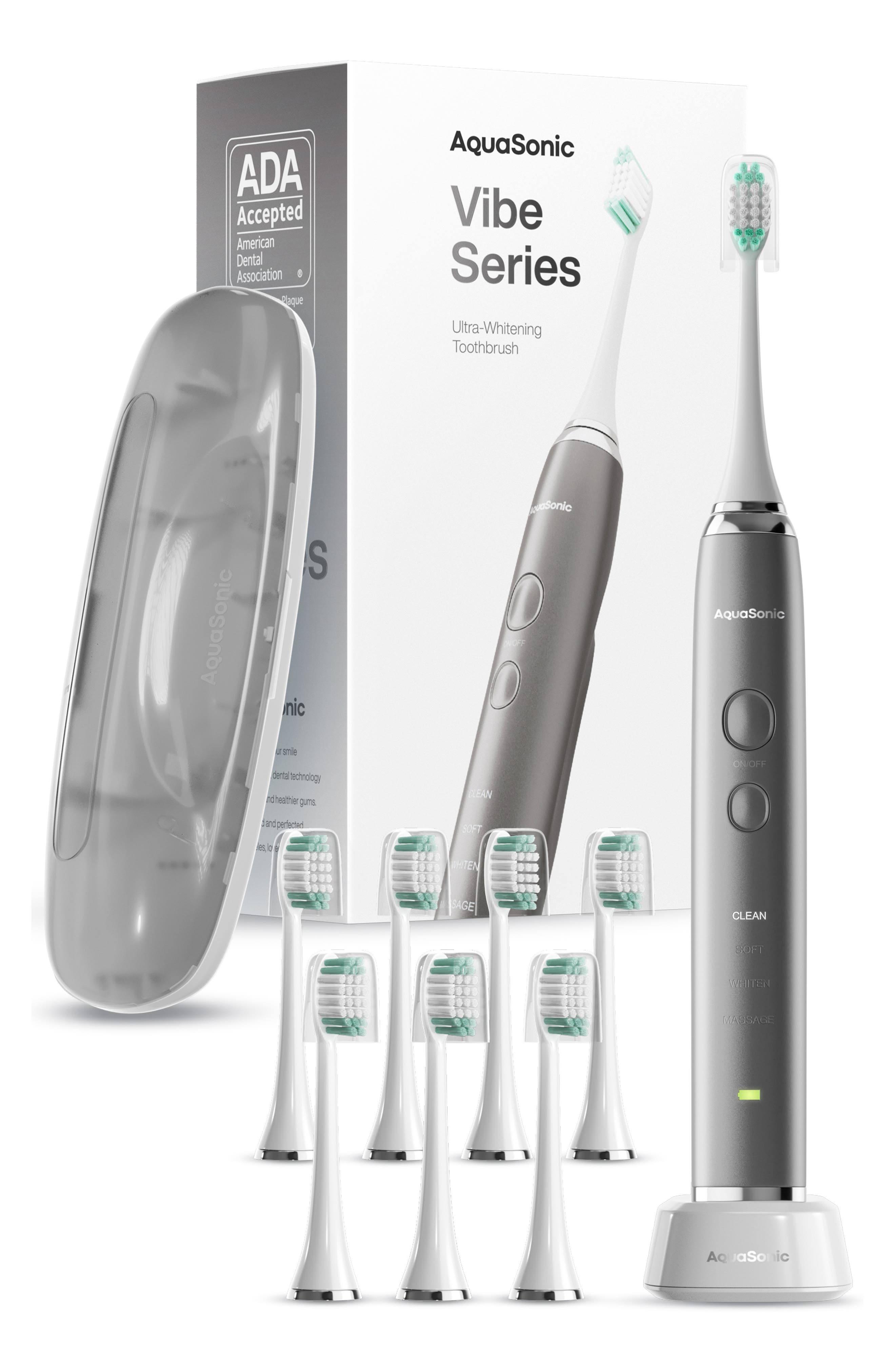 AQUASONIC VIBE Series Charcoal Gray UltraSonic Whitening Toothbrush with 8 DuPont Brush Heads & Travel Case