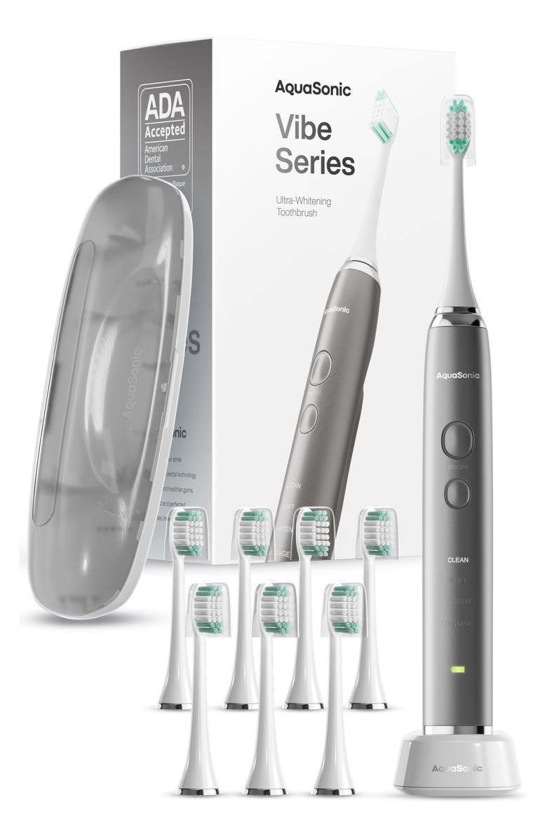 AQUASONIC VIBE Series Charcoal Gray UltraSonic Whitening Toothbrush with 8 DuPont Brush Heads & Travel Case, Main, color, Charcoal