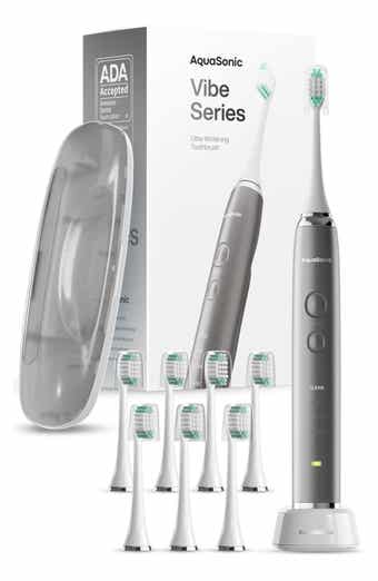 AQUASONIC VIBE Series Charcoal Gray UltraSonic Whitening Toothbrush with 8 DuPont Brush Heads & Travel Case