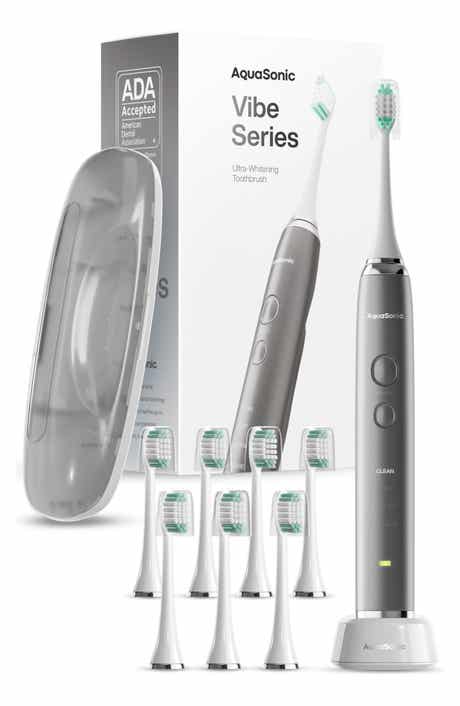 AQUASONIC VIBE Series Charcoal Gray UltraSonic Whitening Toothbrush with 8 DuPont Brush Heads & Travel Case