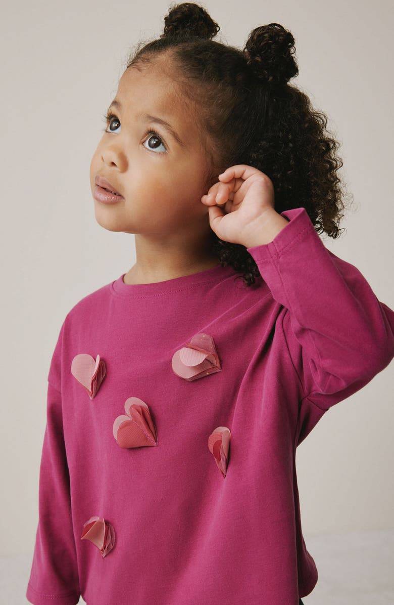 NEXT Kids' Sparkle Heart Appliqué Cotton Top, Alternate, color, Burgundy Red