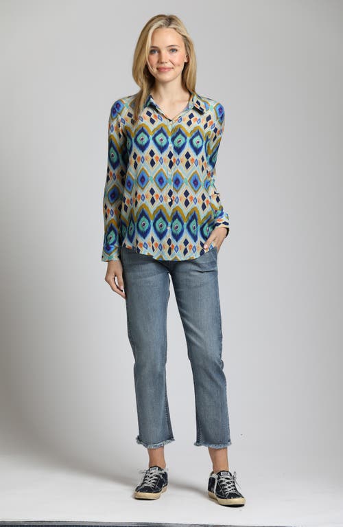 Apny Abstract Print Roll Tab Sleeve Chiffon Button-up Shirt In Turquoise Multi
