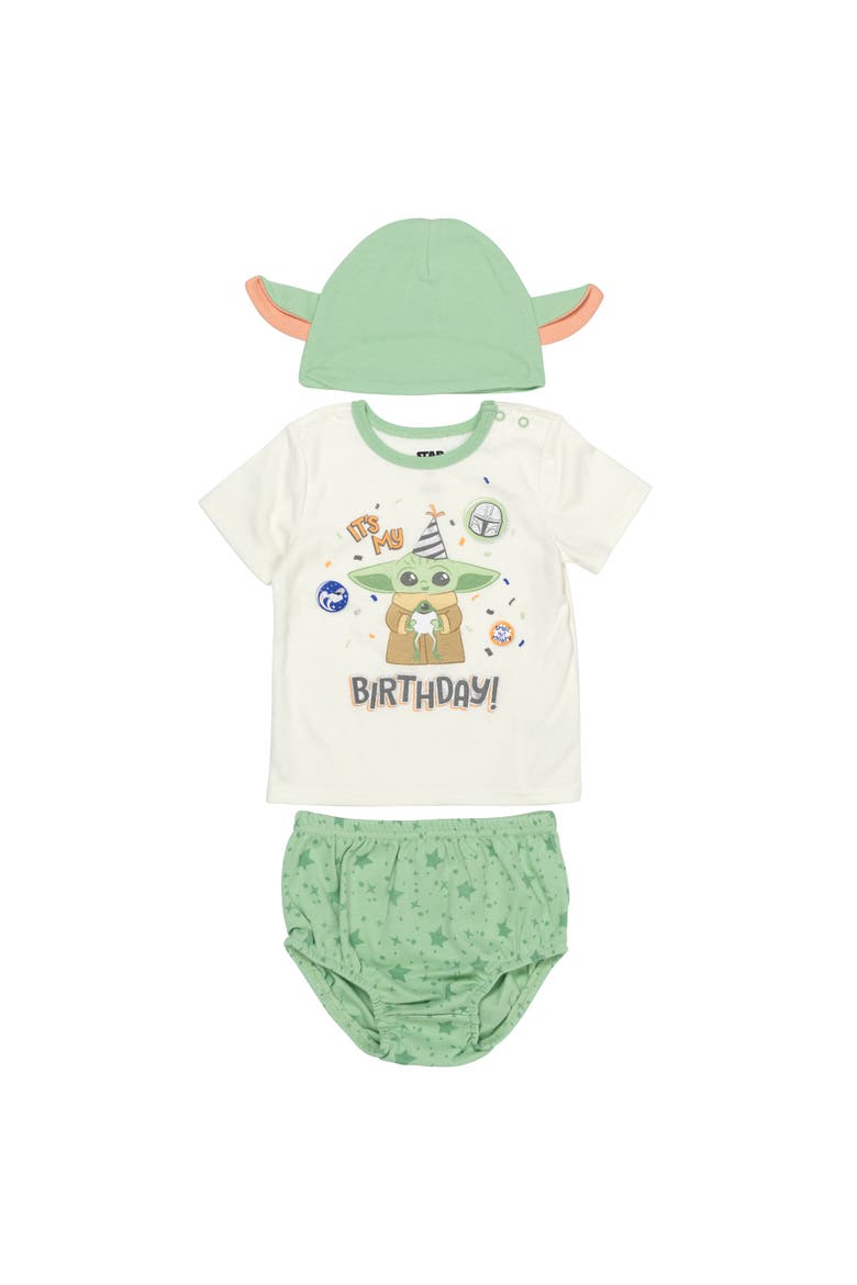 The Mandalorian Grogu Birthday Tee Diaper Cover and Hat Set, Main, color, Grogu Green Ivory