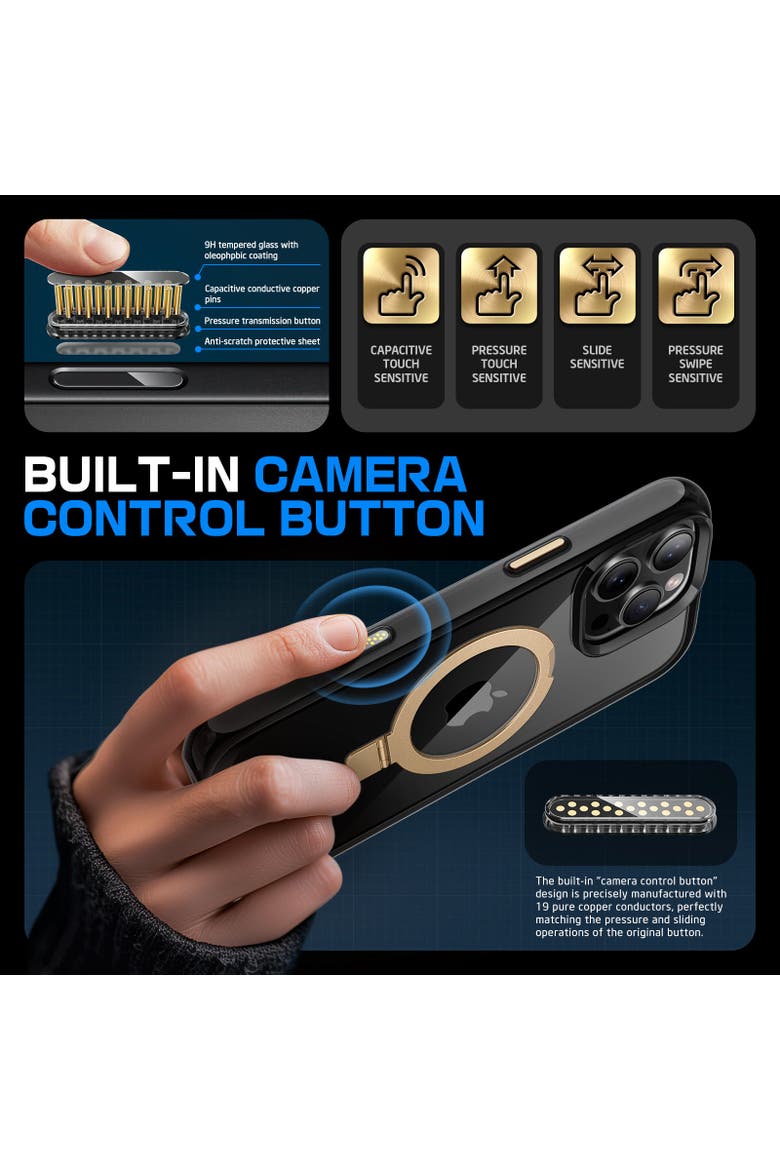 iPhone 16 Pro Max 6.9 inch Unicorn Beetle MAG Stand Slim Clear MagSafe Camera Control Button Case, Alternate, color, Black/Gold