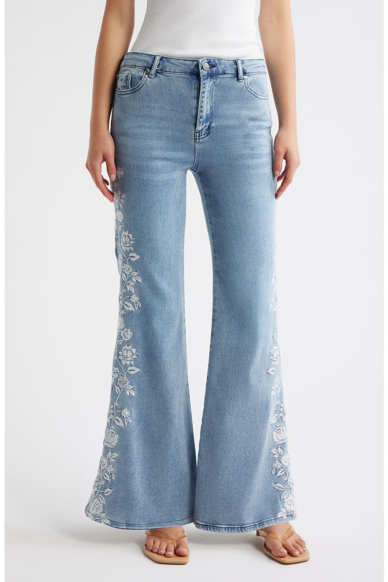 Flower Embroidered Flare Leg Hems, Main, color, LIGHT INDIGO