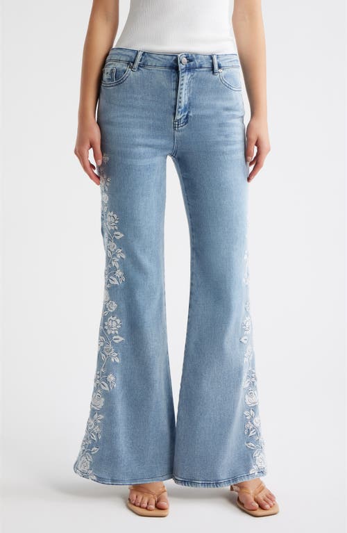 Tractr Flower Embroidered Flare Leg Hems in Light Indigo at Nordstrom, Size 26