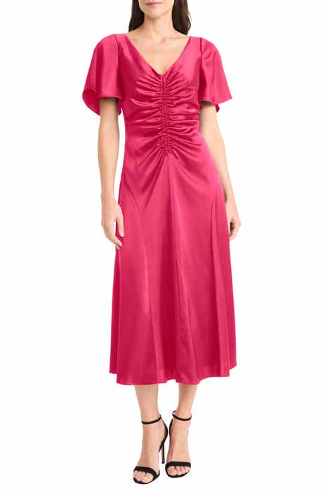 Maggy London Flutter Sleeve Ruched Satin Midi Dress