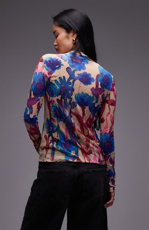 Shop Topshop Floral Print Funnel Neck Crinkle Top In Blue Multi