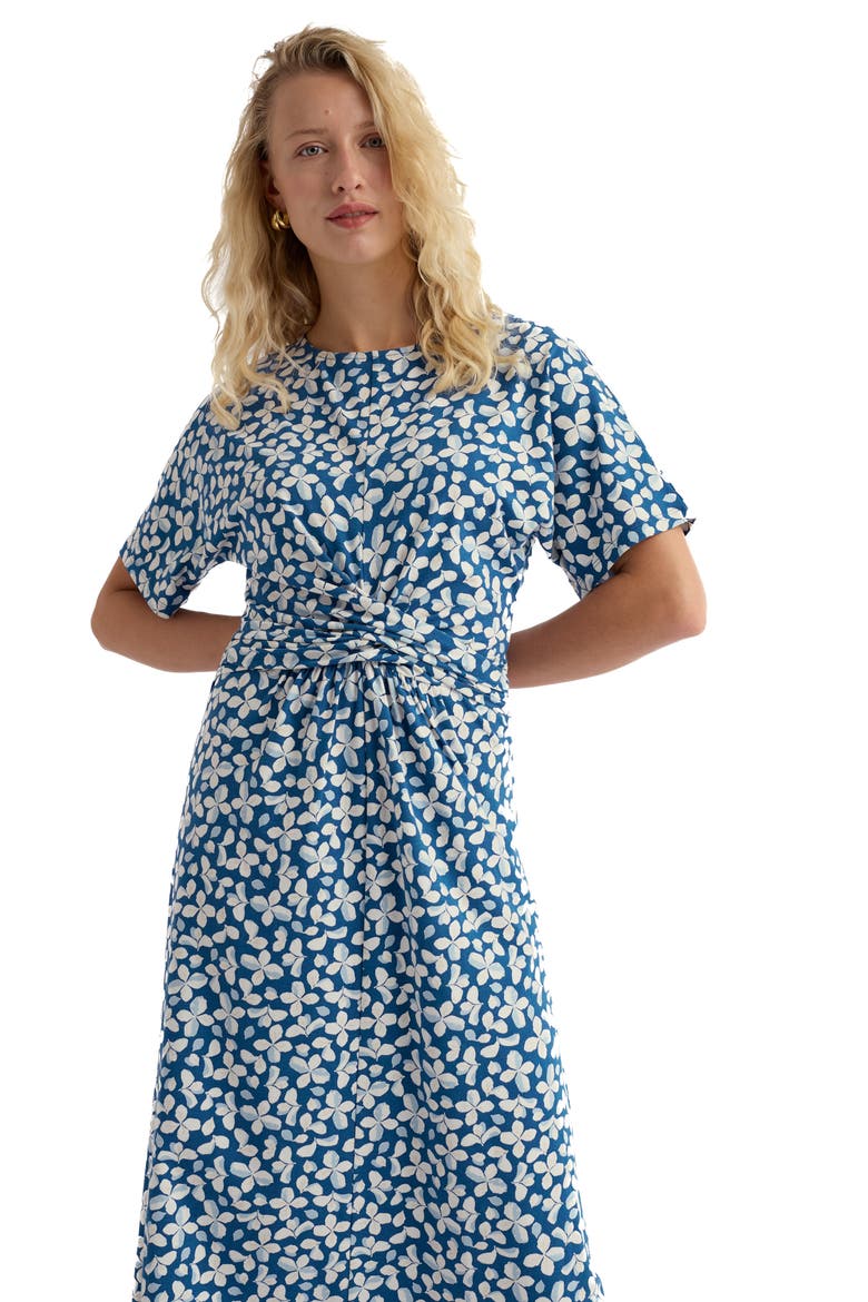 Water Mint Twist Front Organic Cotton Blend Midi Dress, Alternate, color, POSY PRESS DARK VOYAGE