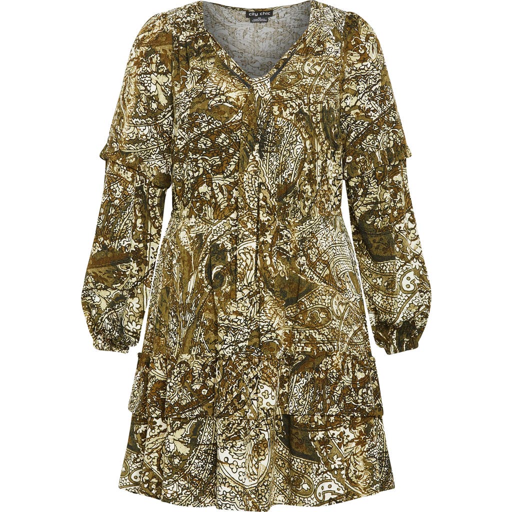 City Chic Raya Long Sleeve Paisley Dress In Multi