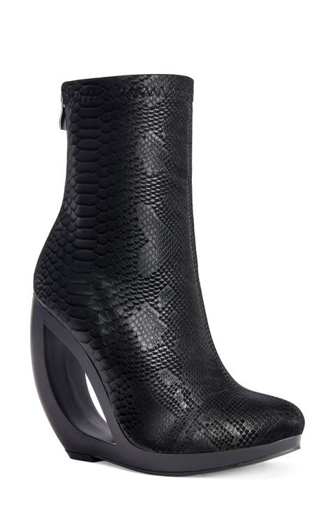 Rapture Faux Snakeskin Cutout Wedge Bootie