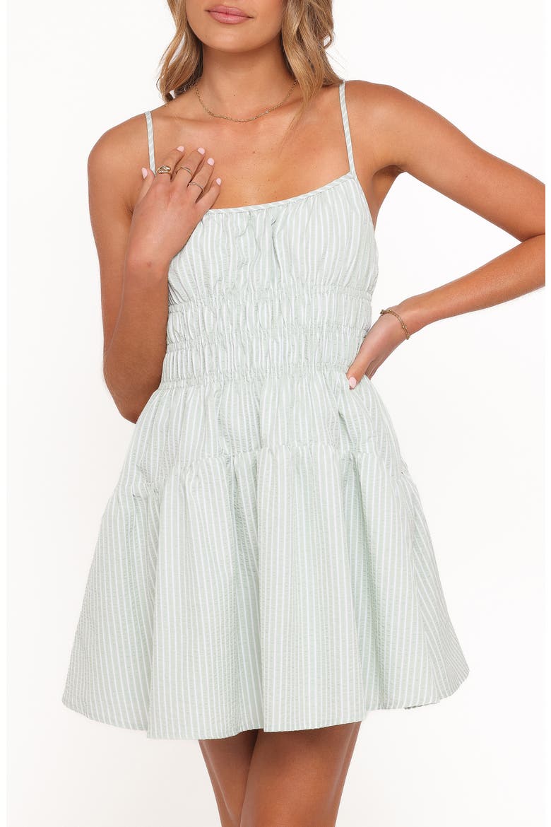 Makayla Smocked Fit & Flare Minidress, Main, color, GREEN STRIPE