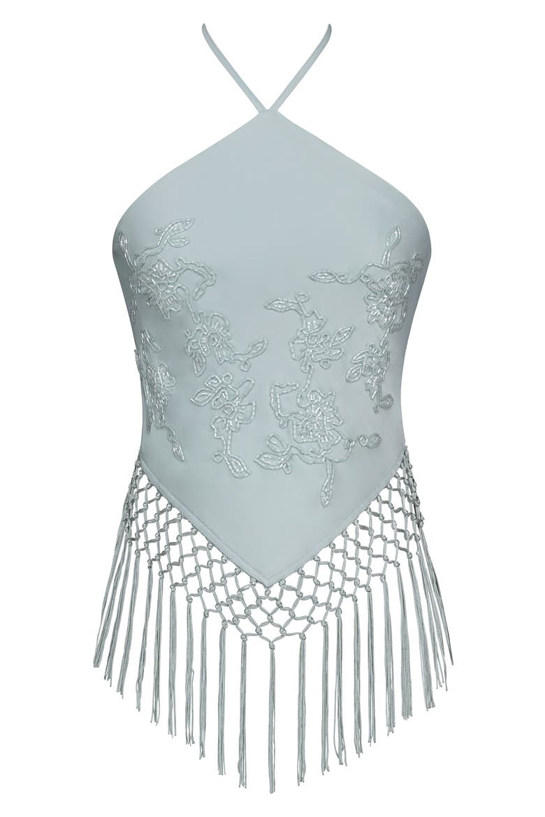 Sareena Hand Embellished Fringe Halter Top, Alternate, color, JADE