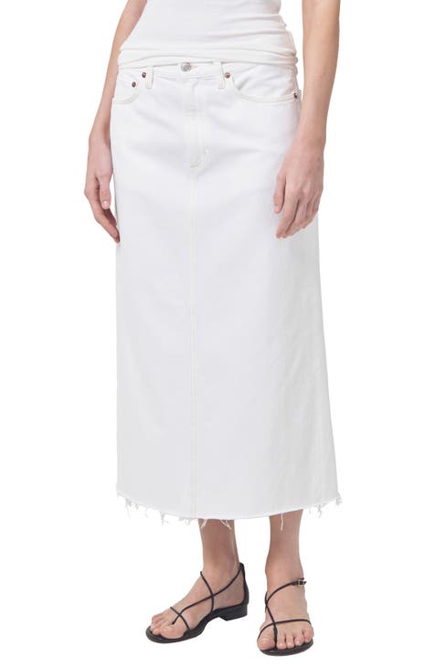 Della Raw Hem Denim Midi Skirt (Milkshake)