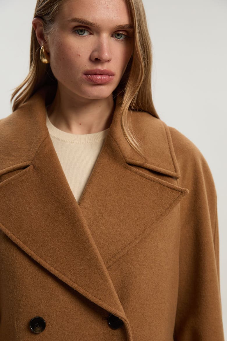Brushed Wool Double Breasted Short Coat, Alternate, color, Camel