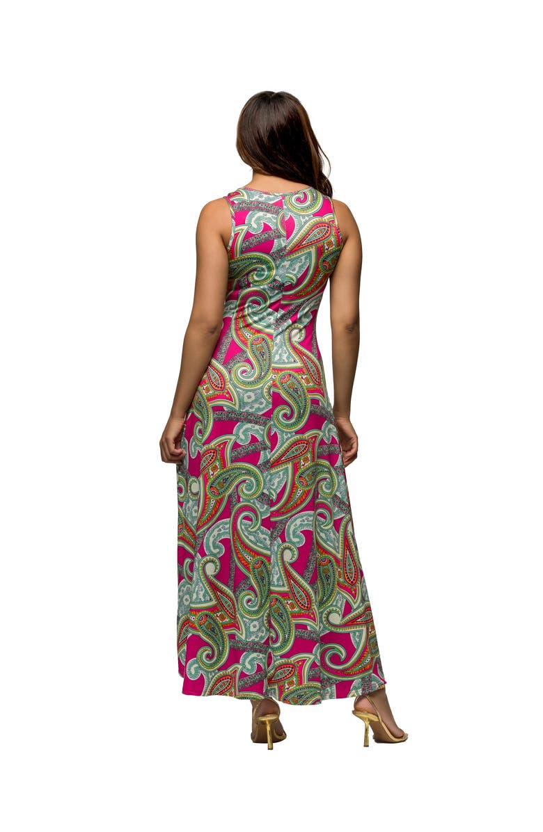 24seven Comfort Apparel Maternity Hot Pink Paisley Print Scoop Neck A-Line Sleeveless Maxi Dress, Alternate, color, Pink Multi