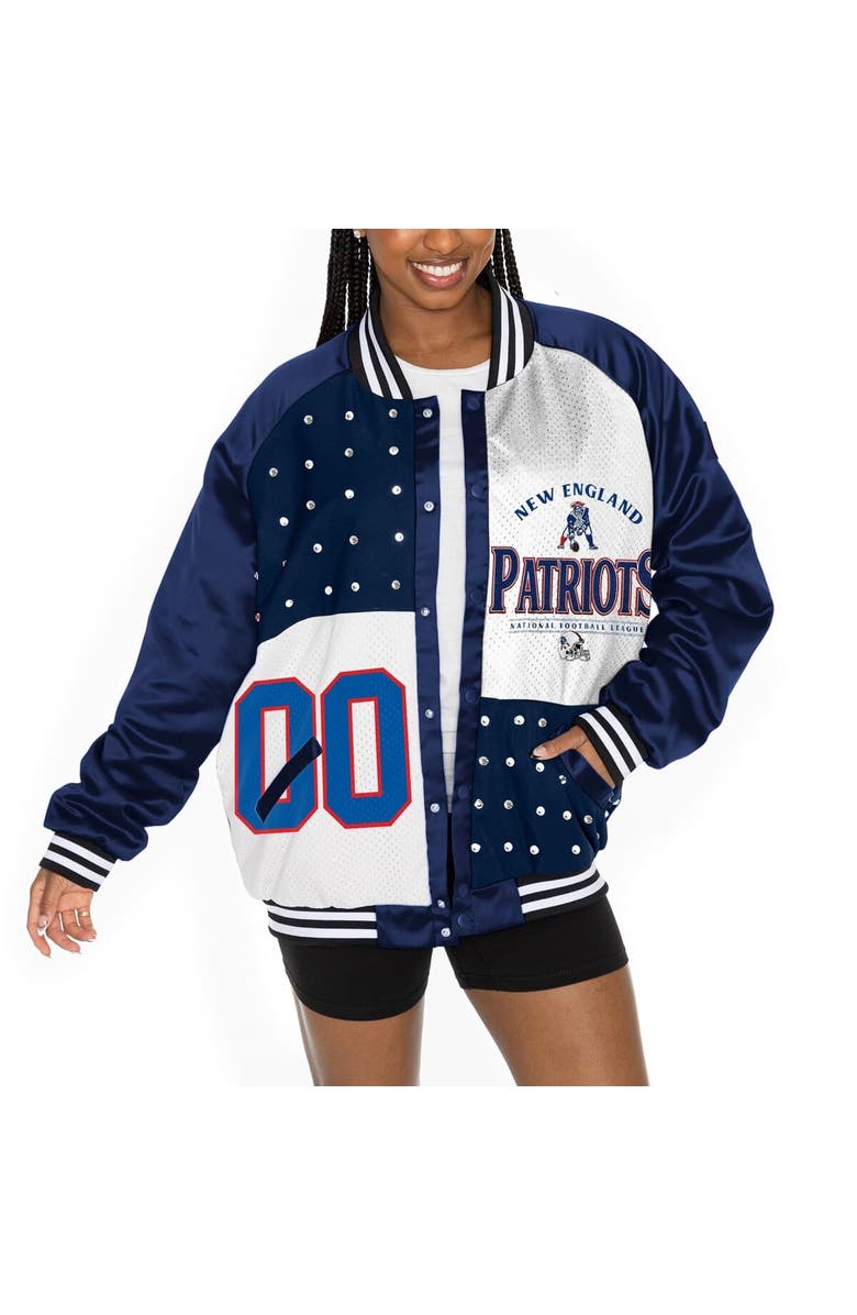 GAMEDAY COUTURE Women's Gameday Couture  Navy/White New England Patriots Oversized Hot Shot Rhinestone Throwback Full-Snap Varsity Bomber Jacket, Alternate, color, 