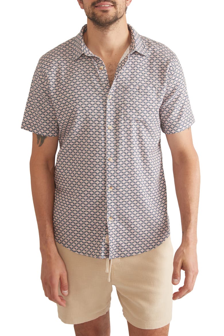 Wave Print Short Sleeve Stretch Button-Up Shirt, Main, color, WAVE PRINT