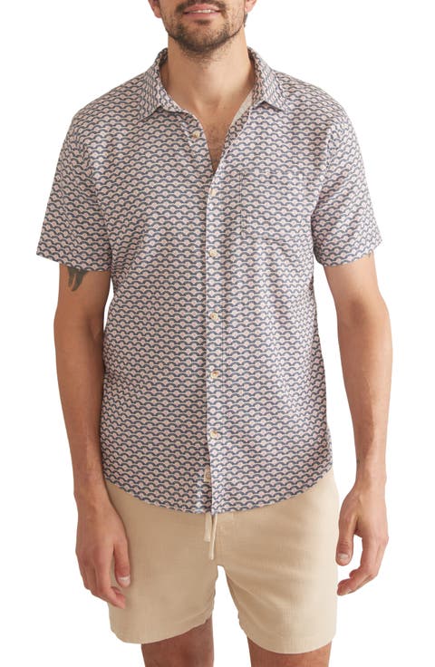 Wave Print Short Sleeve Stretch Button-Up Shirt