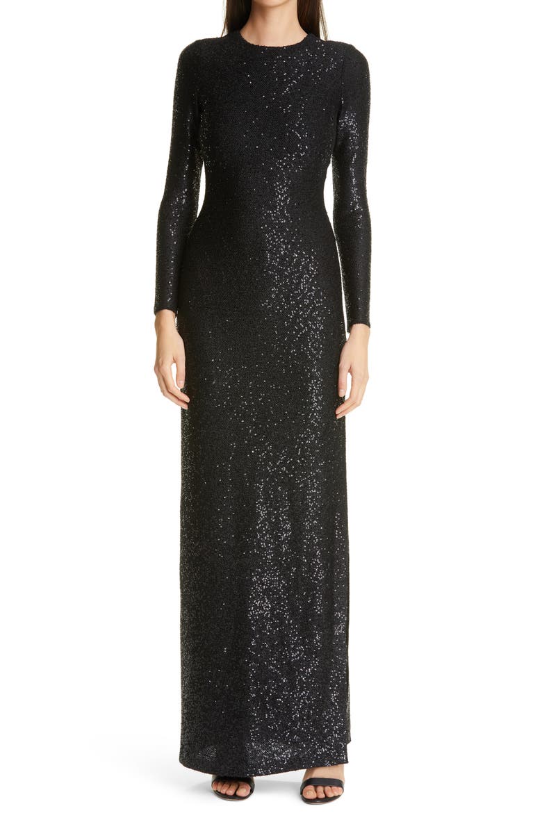 Sequin Open Back Long Sleeve Gown, Main, color, BLACK